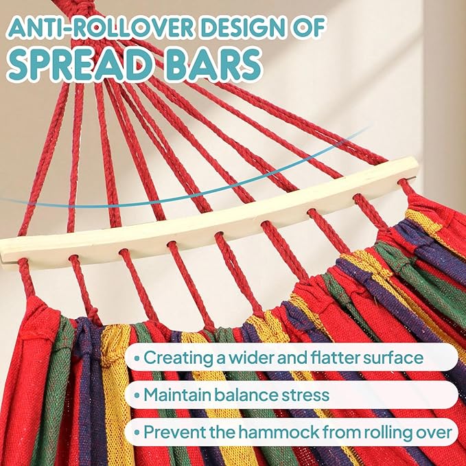 Anyoo Garden Cotton Hammock Comfortable Fabric Hammock with Spreader Bar Sturdy Hammocks Up to 450lbs Portable Lightweight Hammocks with Travel Bag for Camping Outdoor/Indoor Patio Backyard