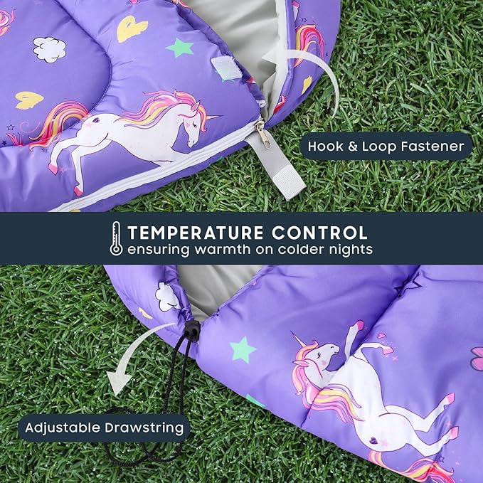 Wake In Cloud - Kids Sleeping Bag for Girls Toddlers, Camping in Warm Cold Weather, Backpacking Lightweight Compact Outdoor Liner for 3 Seasons, Unicorns Stars Hearts