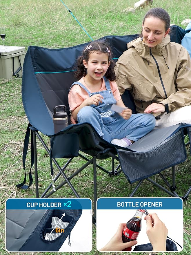 Timber Ridge 3 Person Camping Chair with Cup Holders and Pockets, Outdoor Folding Loveseat Camping Chairs, 1050lbs Capacity Heavy Duty Camp Couch for Outside Picnic, Beach, Lawn, Sports, Blue