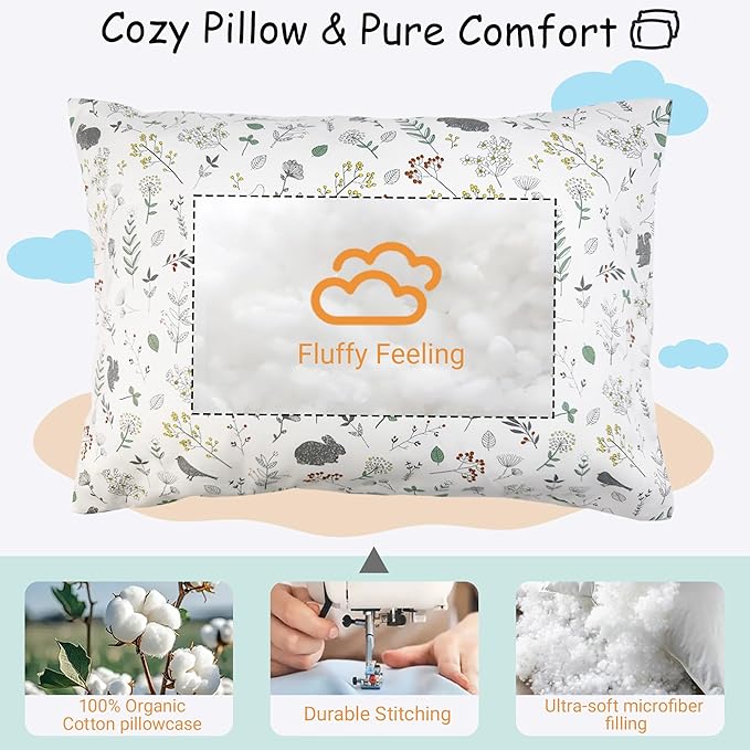 ZPECC Toddler Pillow with Pillowcase - 13x18 Organic Cotton Hypoallergenic Kids Pillow, Baby Essentials for Travel Crib Daycare Stroller (Intended for Age 2 and up) Nature