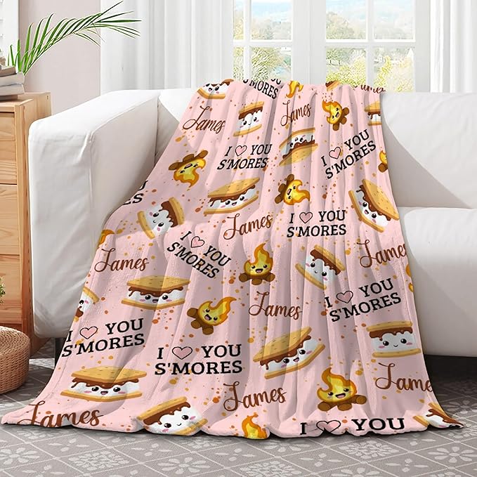 Custom S'Mores Blanket with Name | Personalized Marshmallow Blanket for Girls Boys | Ultra Soft Customized Cookie Throw for Couch/Sofa/Travel/Camping Home Decor - 40"x50"-Kids/Throw Size