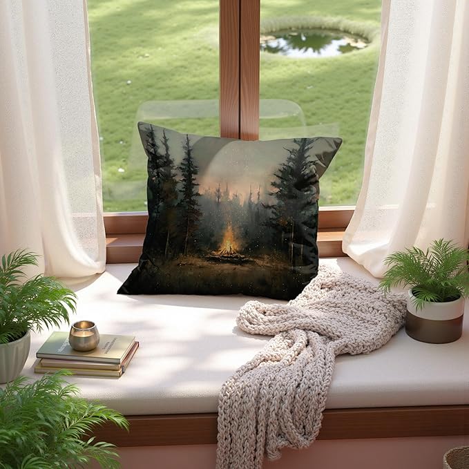 Vintage Forest Campfire Pillow Covers 18x18, Moody Pine Tree Camping Decor, Rustic Woodland Campsite Decorative Throw Pillow Covers for Home Bedroom Living Room Sofa Couch,Camper Lover Gifts