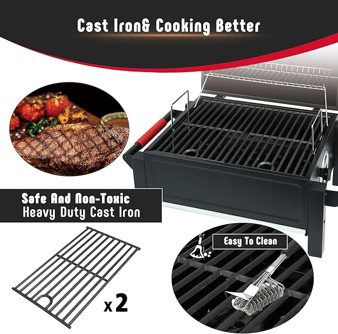 Feasto Portable Charcoal BBQ Grills with Cast Iron Grates, Tabletop Charcoal Grills with 354 Sq. In Cooking Area, for Outdoor Camping and Picnic, Black, L26.8’’x W20’’x H21.3’’