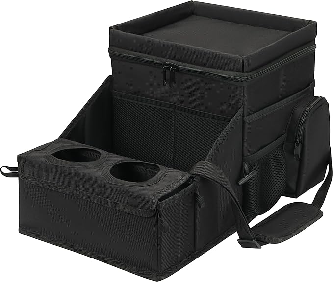 Car organizer for kids ，Backseat Organizer for Kids and Passenger Seat Organizer for Adults ，Car Seat Cooler and Warmer with Cup Holders and Convertible Tray Lid(Black)