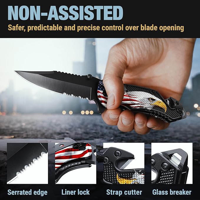 GOOD WORKER Legal Pocket Knife with 2.95” Serrated Blade, Glass Breaker, Seat Belt Cutter - EDC Sharp Folding Knives with Portable Clip - Small Tool for Tactical Camping Survival Hiking - Gifts for Men, Women