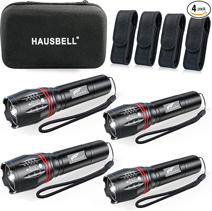 HAUSBELL T8 Upgraded Flashlight 4 Pack, 2000 Lumens High Lumens Tactical Flashlights, 5 Modes Zoomable Waterproof, with Batteries Included for Camping Emergency