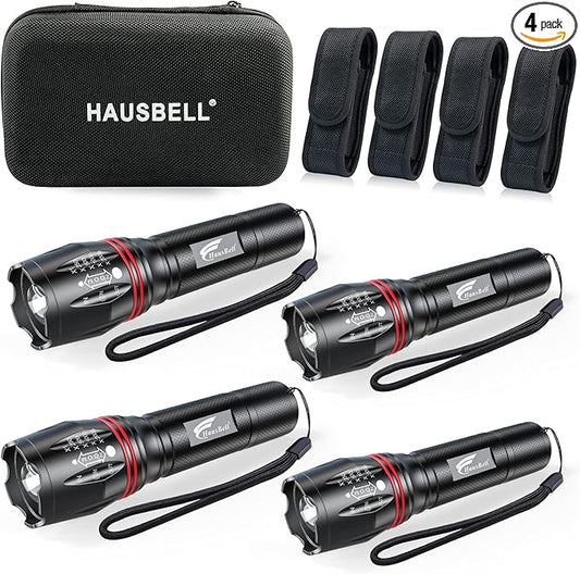 HAUSBELL T8 Upgraded Flashlight 4 Pack, 2000 Lumens High Lumens Tactical Flashlights, 5 Modes Zoomable Waterproof, with Batteries Included for Camping Emergency