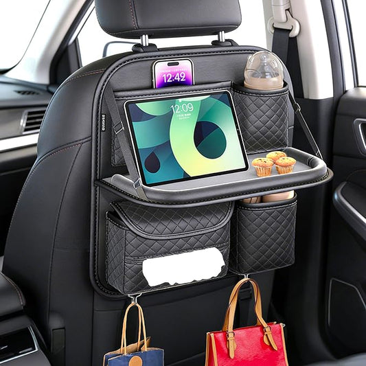 PU Leather Backseat Car Organizer with Tray, Cup Holder, Tablet Pocket & Tissue Holder, Back Seat Car Organizer for Kids and Women, Universal Car Seat Storage Organizer (Black)