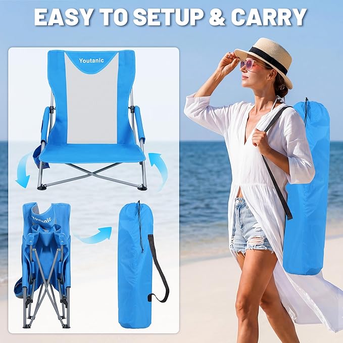 Youtanic Beach Chairs 2 Packs, Folding Portable Chair for Adults, Standard Back Extra Wide Seat with Cup Holder & Carry Bag, Lightweight Camp Chair for Outdoor, Beach, Sand, up to 350lbs, Blue