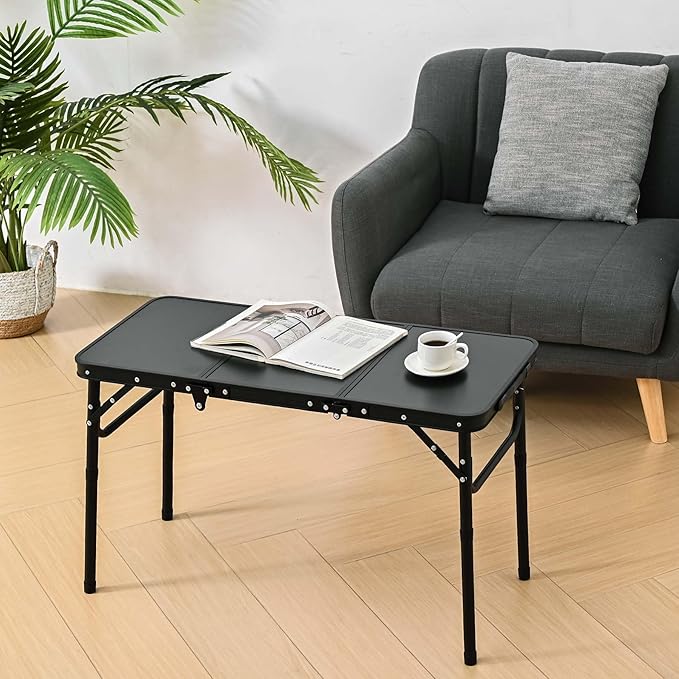 YihuiKo Folding Picnic Table with Storage Net, Matte Black Aluminum Folding Table 35" x 16", Adjustable Height Max 27.5", Lightweight Portable for Camping Travel Grill Indoor