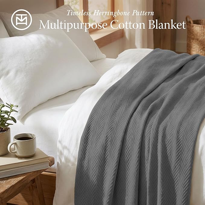 Threadmill Luxury Cotton Blankets for Queen Size Bed | All-Season 100% Cotton Queen Size Blanket | Herringbone Cozy, Soft Breathable Fall Thermal Blanket fits Full Size Bed | Dark Grey