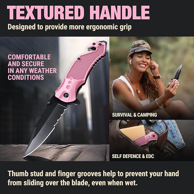 GOOD WORKER Legal Pocket Knife with 2.95” Serrated Blade, Glass Breaker, Seat Belt Cutter - EDC Sharp Folding Knives with Portable Clip - Small Tool for Tactical Camping Survival Hiking - Gifts for Men, Women