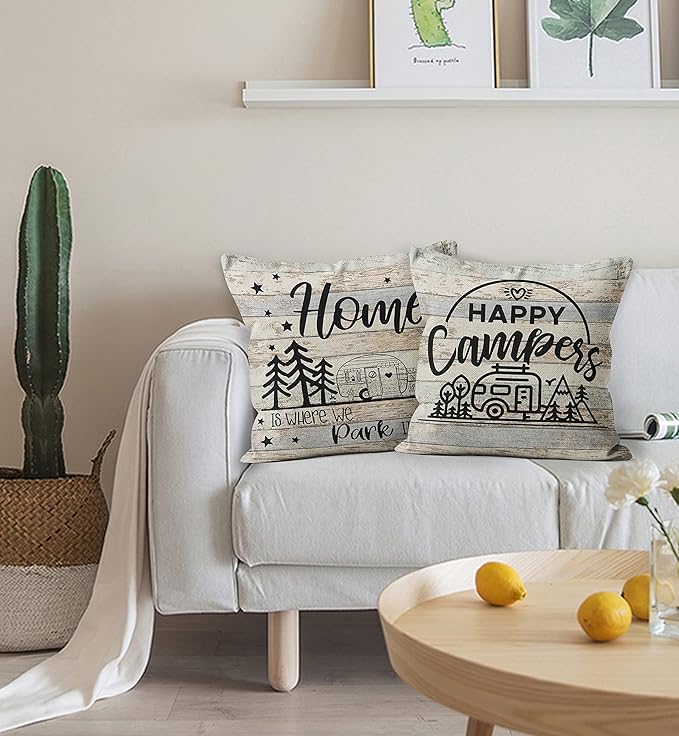Happy Camper Pillow Covers - Best Gifts for RV Owners, 18x18 Camper Pillows Cover, Camper Decorations for Inside, RV Decor, RV Gifts