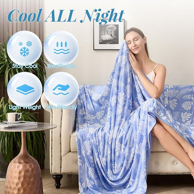 OIGAE Cooling Blanket for Hot Sleepers - Soft & Lightweight Summer Cold Blanket for Night Sweats | Perfect for Bed, Couch, Sofa (Blue, Queen 90" x 90", Tropical)