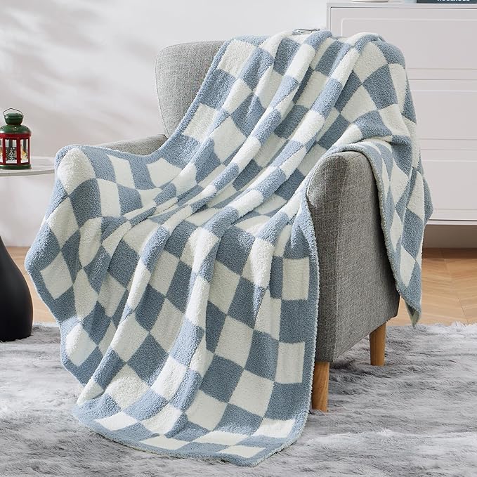 WRENSONGE Checkered Throw Blanket, Grey Blue Soft Cozy Fluffy Warm Hand Made Throw Blankets for Couch, Sofa, Chair, Bed, Camping, Picnic, Travel Lightweight Bed Blanket - 50"*60"