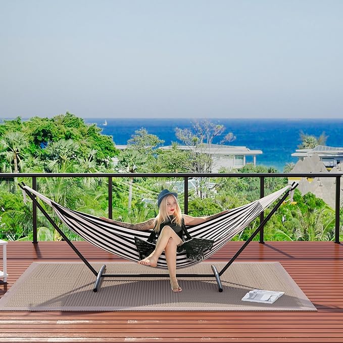 Double Hammock with Steel Stand - 2 Person Hammock Bed Indoor Outdoor, Brazilian-Style, with Carry Bag, 450lb Capacity, Portable & Easy Assembly, Black