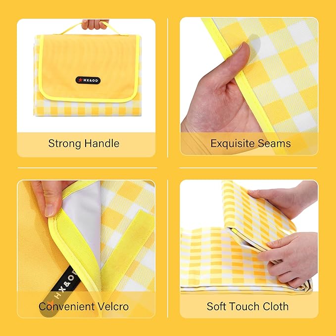 HX&OD Outdoor Picnic Blanket 80"X80" Picnic Mat Extra Large Camping Blanket Beach Blanket Foldable Waterproof Sand Mat Hiking Travel Family Concerts(Yellow)
