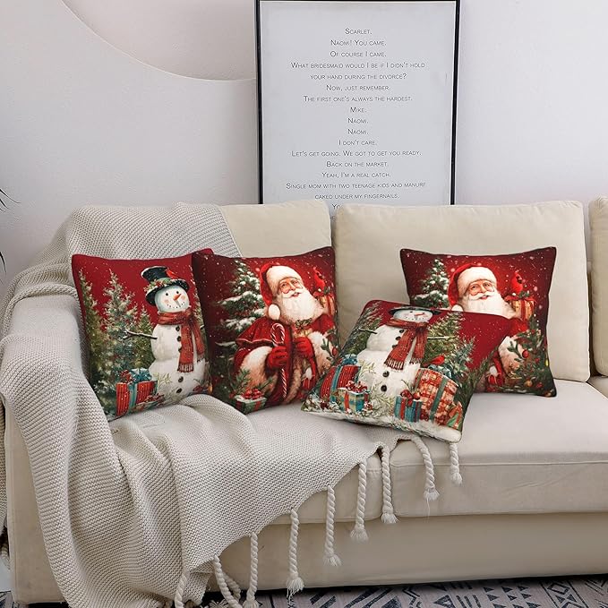 Santa Claus Throw Pillow Covers 18 X 18 Inch Set of 4 Decorative Cushion Cover Home Decor for Sofa Chair Couch Bedroom Living Room