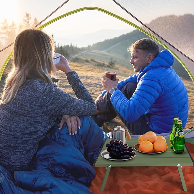 Small Folding Camping Table, Ultralight Portable Mini Beach Table with Carry Bag, Compact Low Side Picnic Tables Aluminum for Beach Camping, Green