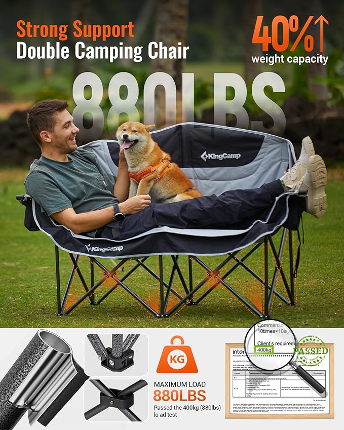 KingCamp Oversized Double Camping Chair, Heavy Duty 880lbs with Padded Seat & Cup Holders, 2 Person Loveseat Perfect for Outdoor Sports Family and Couples, Ideal for Lawn and Backyard, Black/Grey