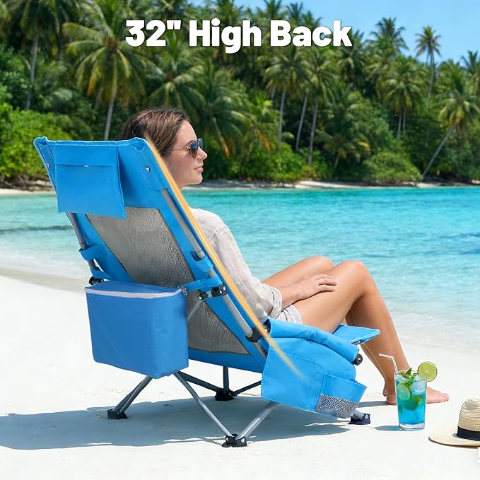 Youtanic High Back Beach Camping Chair 2 Pack, Extra Wide Folding Outdoor Chair with Cooler Bag, Breathable Mesh & Dual-Use Pillow, Portable Lounge Seat for Adults, Sand, Sports, Picnic, Blue