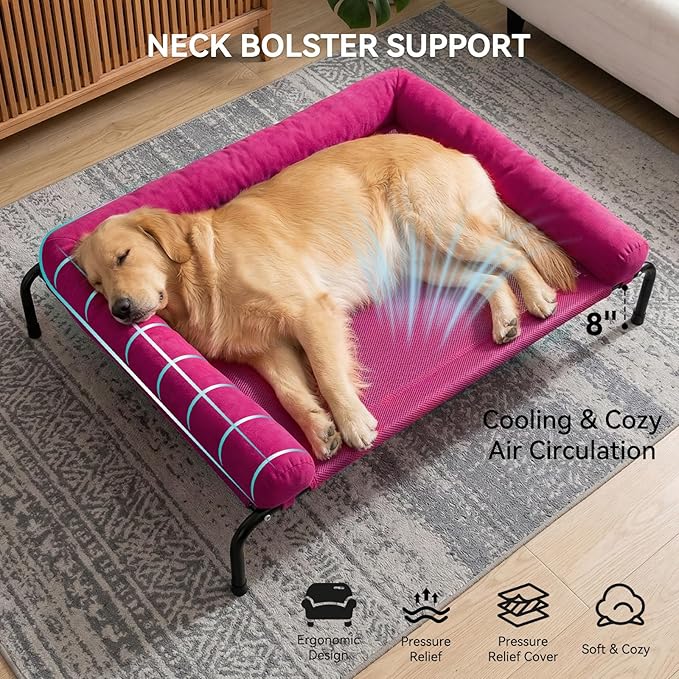Cooling Elevated Dog Bed for Large Dogs, Portable Indoor & Outdoor Raised Dog Bed with Breathable Mesh, Chew Proof Pet Hammock Cots with Removable and Waterproof Bolsters