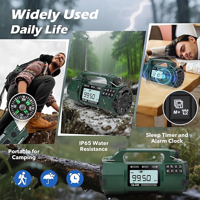 Emergency NOAA Weather Alert Radio FM/AM/SW, Hand Crank Radio Solar Powered with Battery Drawer, USB-C, Flashlight, SOS Alarm, Sleep Timer Clock Alarm for Home/Outdoor Emergencies