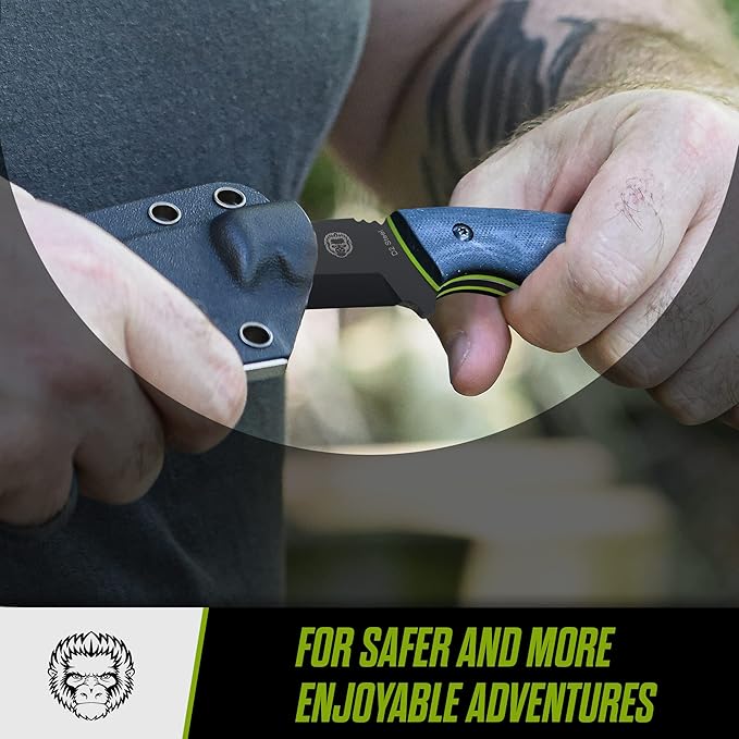 Holtzman's Gorilla Survival Tanto Fixed Blade Neck Knife with Kydex Sheath & Ferro Rod (Black+Green) - Ideal for Outdoor Activities and Everyday Carry