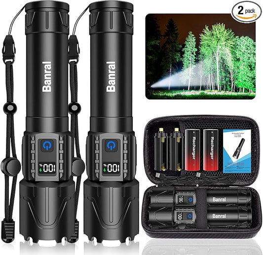 Banral Rechargeable Tactical Flashlights 2000 High Lumens - 5000mAh Super Bright LED Powerful Flash Light, Waterproof Handheld USB C Flashlight for Home,Car,Camping,Emergencies,5 Modes (2, Black)