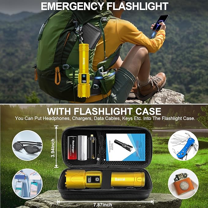 Banral Rechargeable Flashlights High Lumens - Super Bright LED Tactical Flash Light, Powerful Waterproof Handheld USB C Flashlight for Camping,Emergencies,Home,5 Modes,Zoomable (2, Gold)