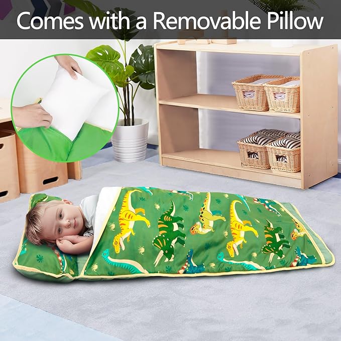 Primlect Lightweight Toddler Nap Mat, Portable Rolled Design Perfect for Daycare Travel, 51”x31 All-in-One Sleeping Bag with Removable Pillow and Fleece Blanket for Boys Girls, Machine Washable