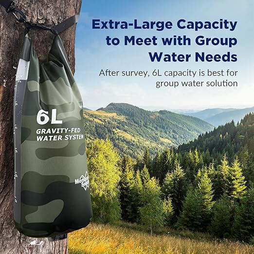 Membrane Solutions Gravity Water Filter Pro 6L, NSF/ANSI 42&372&401 Certified, 0.1 μm Versatile Water Purifier Camping with Adjustable Tree Strap Storage Bag, Survival Gear for Emergency(Camo)