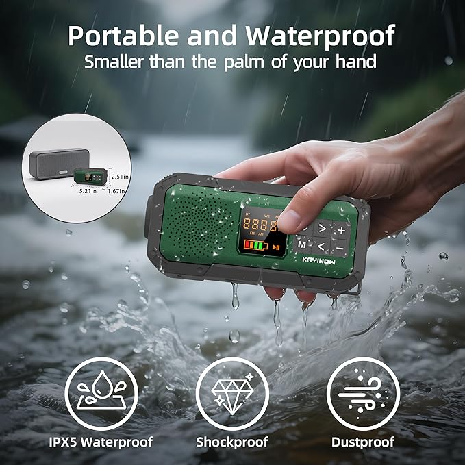 NOAA Weather Radio AM/FM,Portable 7400mWh/2000mAh Rechargeable Battery Operated with USB-C/Hand Crank/Solar Charging,Bluetooth Connectivity,Light,SOS Alarm,Ideal for Camping,Hurricane and Storm