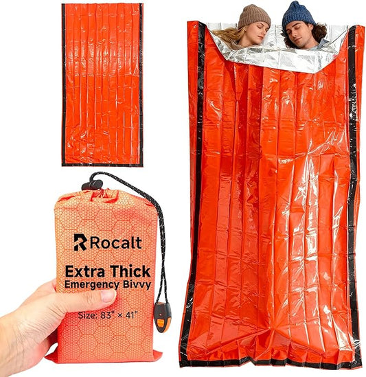 Rocalt Emergency Sleeping Bag | Ultralight Mylar Emergency Blanket, Extra Thick Space Blanket, Waterproof & Portable Thermal Bivy Sack for Camping, Hiking, and Outdoor Adventures