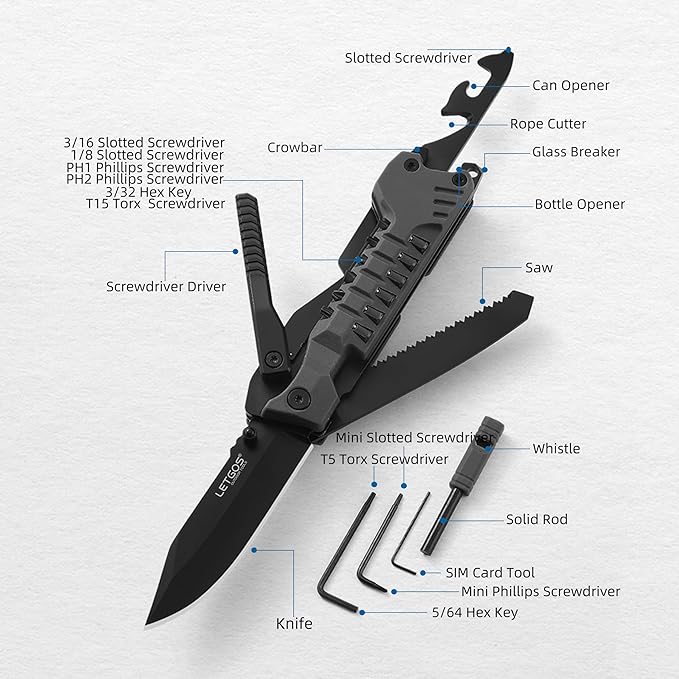 Multi Pocket Knife, 22 in 1,Survival Gear EDC Tools with Nylon Sheath, Emergency, Camping, Hiking, Hunting, Gift for Men Women (Cool Black)
