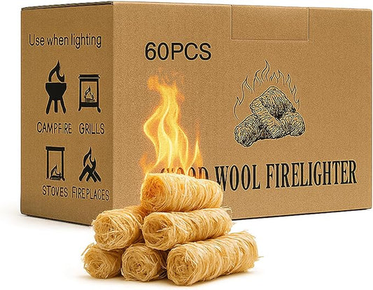 60 pcs Fire Starter – Natural Fire Starters for Campfires, BBQ, Fireplace. Pizza Oven - Weather-Resistant, Waterproof, Quick Ignite, Charcoal Odorless Starter for Grill
