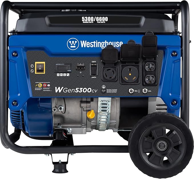 Westinghouse 6600 Peak Watt Home Backup Portable Generator, Transfer Switch Ready 30A Outlet, RV Ready 30A Outlet, Gas Powered, CO Sensor