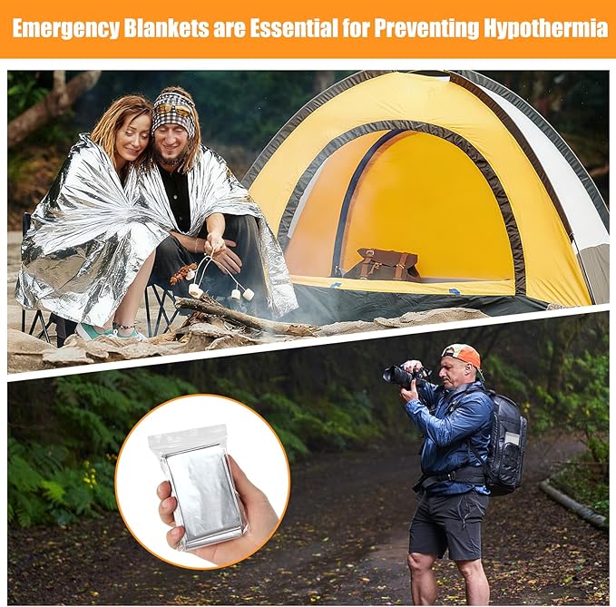 100PCS Emergency Blankets Foil Mylar Thermal Individually Wrapped, Waterproof Survival Blanket for Camping, Outdoors, First Aid Kit Travel