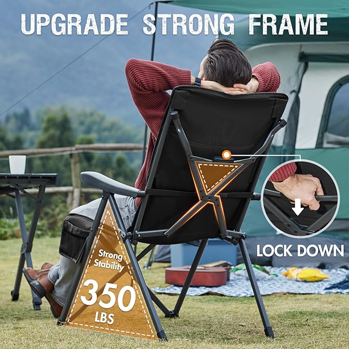 Portal Reclining Camping Chair with Adjustable Back Folding Camp Recliner for Adults Portable High Back Oversized, 350LBS (Black)