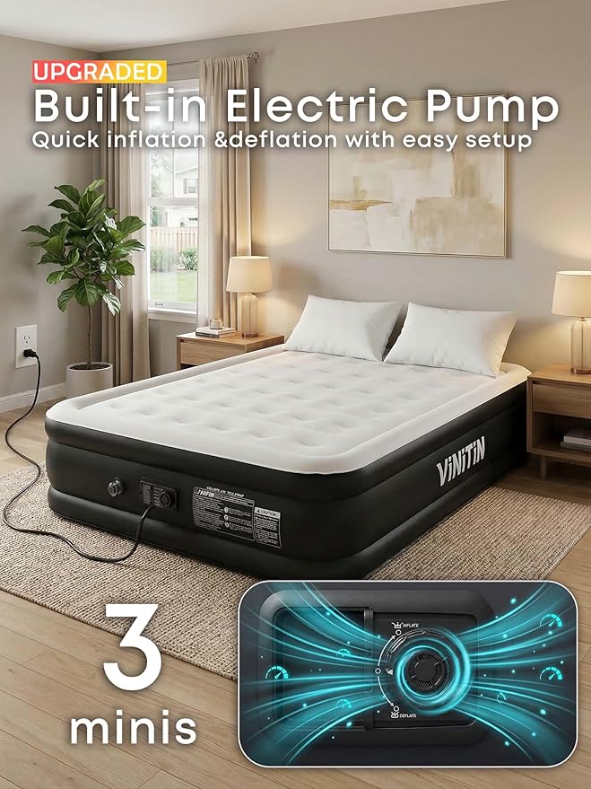 Queen Air Mattress with Built-in Pump, 16" Elevated Inflatable Bed for Home & Guests, Self-Inflating Blow Up Mattress with Flocked Top & Storage Bag, 660lb Max Weight, Matt Black