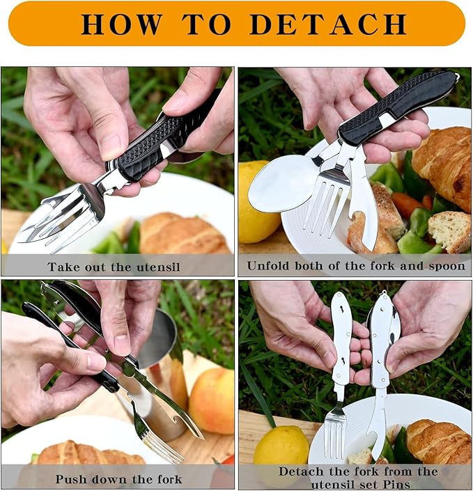 Camping Flatware, Stainless Steel Spoon Fork Knife Bottle Opener 4-in-1 Combo Utensil, Detachable Foldable Cutlery Set for Backpacking Hiking Fishing Scouting - Black