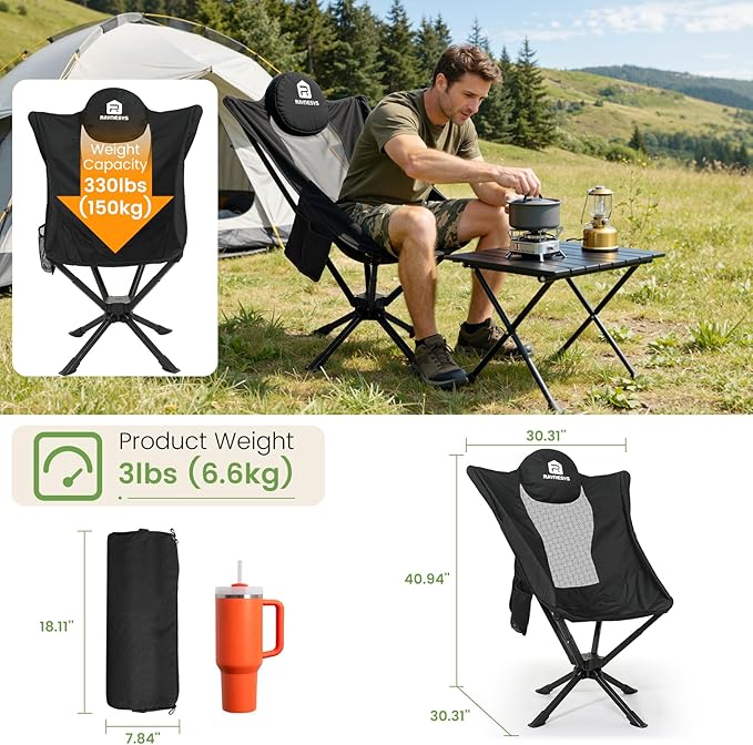 Raynesys 360° Rotation Camping Chair, Compact Hiking Chair with Cup Holder & Storage Pocket, Portable Folding Chairs for Outdoor Activities, High Back Comfort for Long Sitting, 1 Pack Black