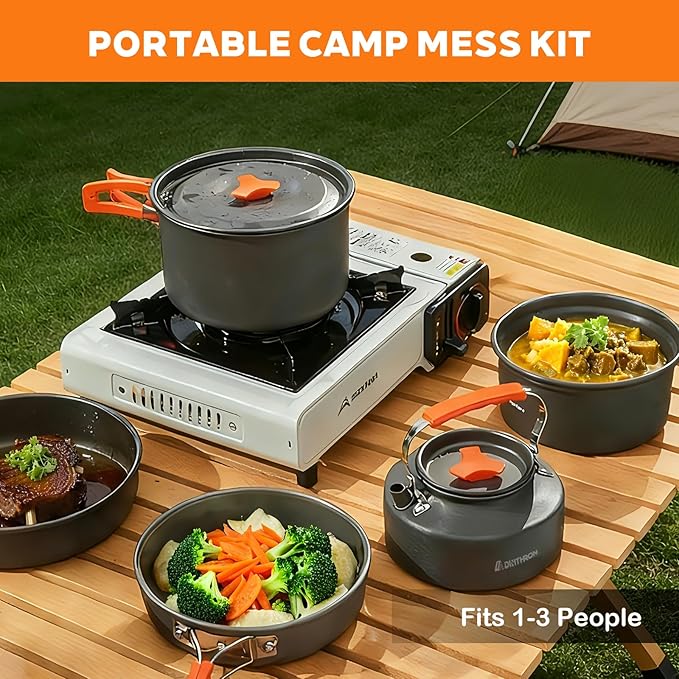 Camping Cookware Set Silicone Handle 10-Piece Lightweight Backpacking Pots and Pans Set, Compact Nesting Camping Cooking Set with Folding Handle for Hiking Family Camping & Outdoor Picnic