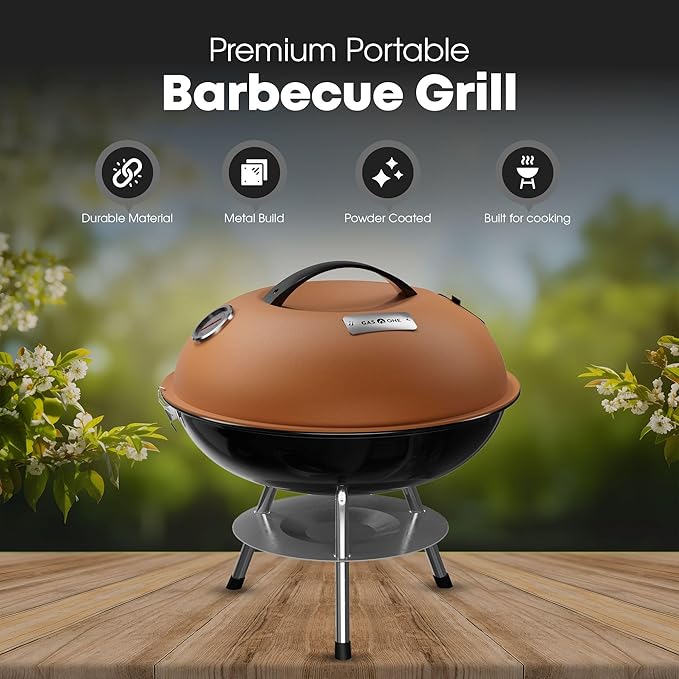 GasOne – 14-inch Portable Barbecue Grill with Thermometer - 3-Point Locking Lid for Heat Preservation – Dual Venting System – Small Charcoal Grill for Backyard, Camping, Boat