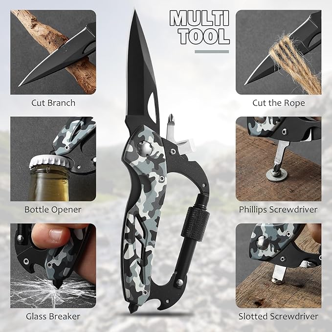 Carabiner Multitool 6-in-1 EDC Carabiners Pocket Knife, Window Breaker, Bottle Opener and Screwdriver,Camping and Mountaineering Survival Equipment for Everyday Carry, Gifts for Men Women（Camo）