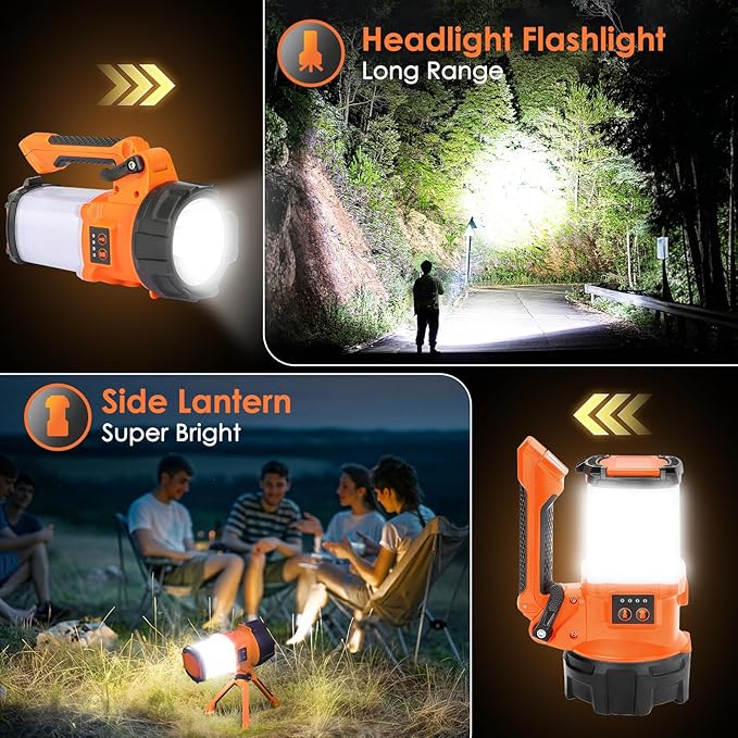 BOBKID Tripod Rechargeable Camping Lantern, 6 Modes LED Flashlight Handheld Spotlight with 4000LM, IPX4 Waterproof Searchlight Work Light for Emergency Hiking Survival Kit - Orange