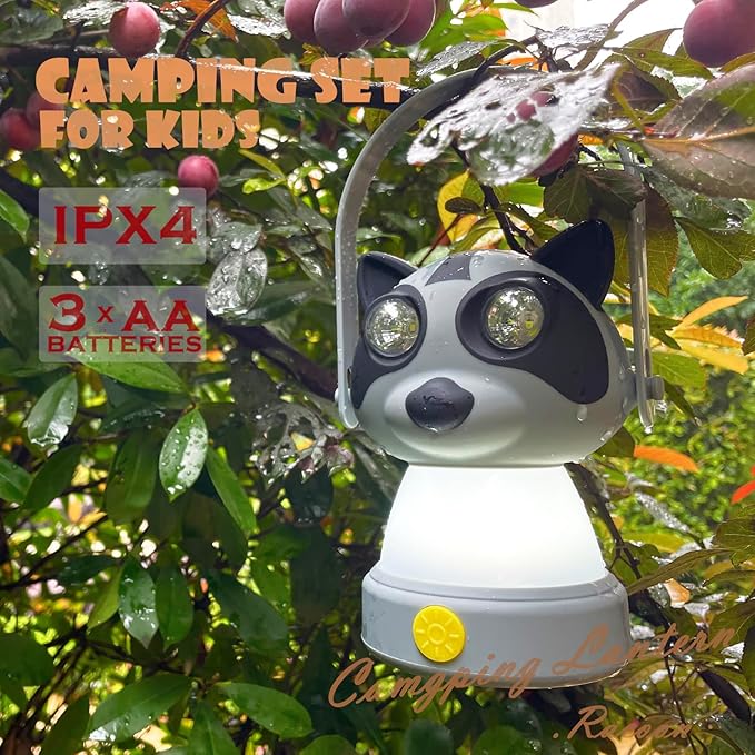 Outdoor Equipment LED Camping Lantern & Headlamp Set for Kids, FANT.LUX Battery Powered Night Light for Emergency, Hurricane, Lightweight Tent Lamp for Children (Raccoon Set)