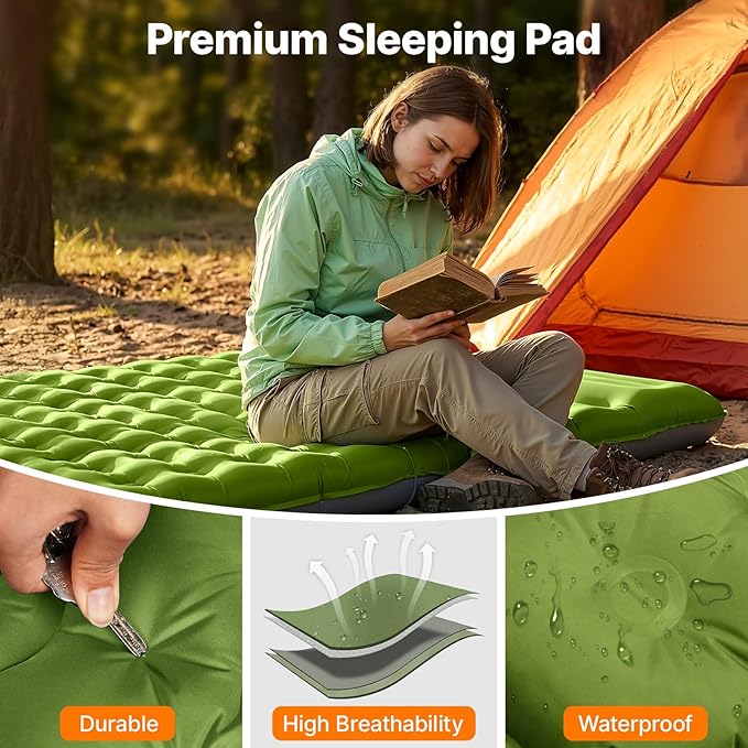 OGERY Double Sleeping Pad, Ultralight Inflating Inflatable Sleeping Pad for Camping with Pillow Built-in Foot Pump, 6" Extra-Thick Reinforced Camping Pad for Hiking, Backpacking, Tent, Single,Green