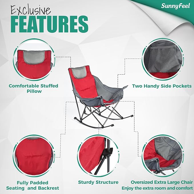 SUNNYFEEL Oversized Rocking Camping Chair 2 Pack, Fully Padded Patio Chair with Side Pocket, High Back Portable Lawn Recliner with Carry Bag, Outdoor Rocker Camp Chairs for Adults Heavy Duty 500 LBS