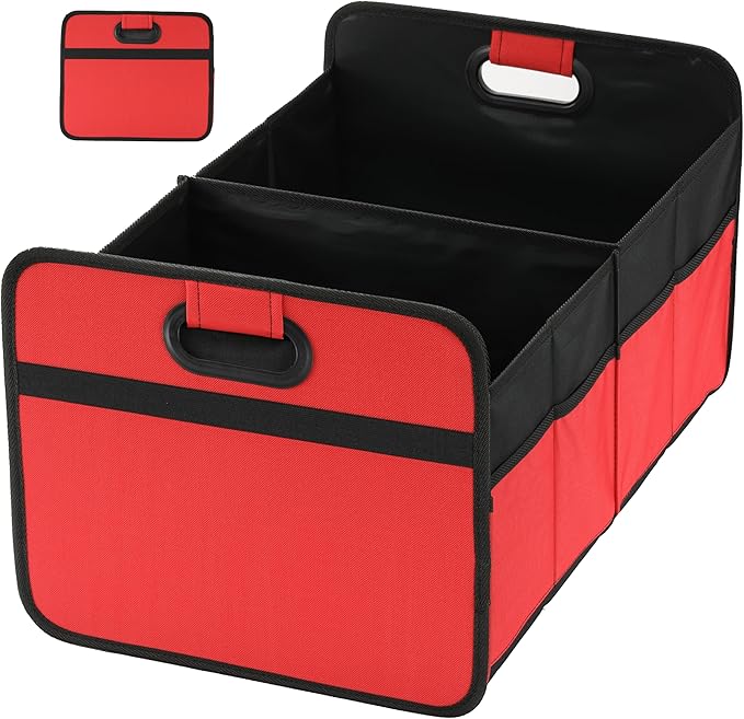 Simple Deluxe Car Trunk Organizer, 2 Compartments Collapsible Trunk Storage, Anti-slip Design, Made of Waterproof 600D Oxford Polyester, Suitable for SUV, Minivan, Truck, Standard Size, Red New